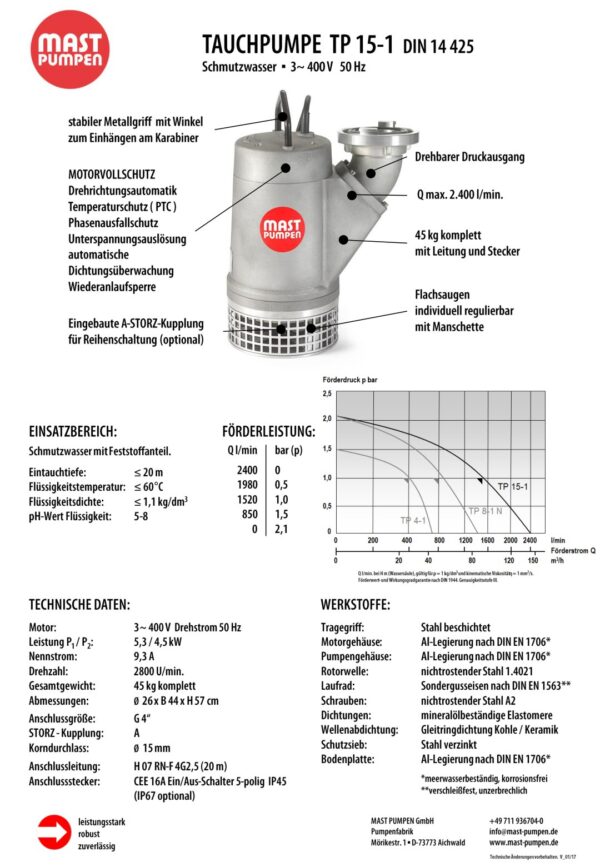 Mast TP 15/1 nach DIN 14425 - 400V - Feuerwehr Tauchpumpe